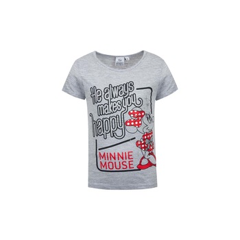 Tricou fetite, Minnie Mouse, cu sclipici argintiu, He always makes you happy, gri Tricou fetite, Minnie Mouse, cu sclipici argintiu, He always makes you happy, gri