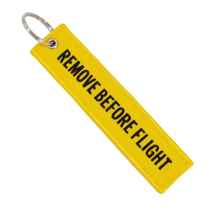 Breloc Auto Moto Textil Galben Remove Before Flight 13cm