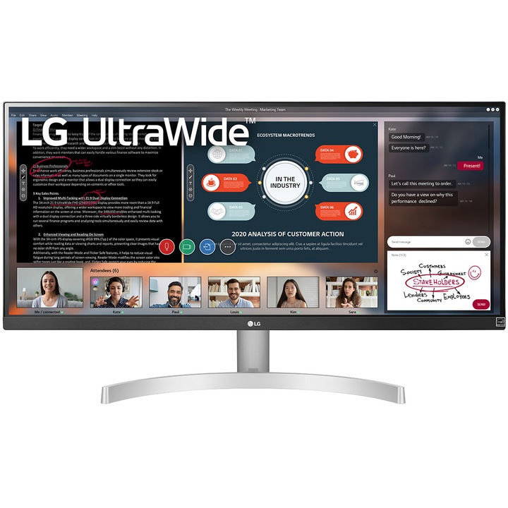 Монитор Gaming LG 29", IPS, Ultrawide, Full HD, 75 Hz, 5 ms, FreeSync, HDR10, HDMI, DisplayPort, 29WN600-W.AEU
