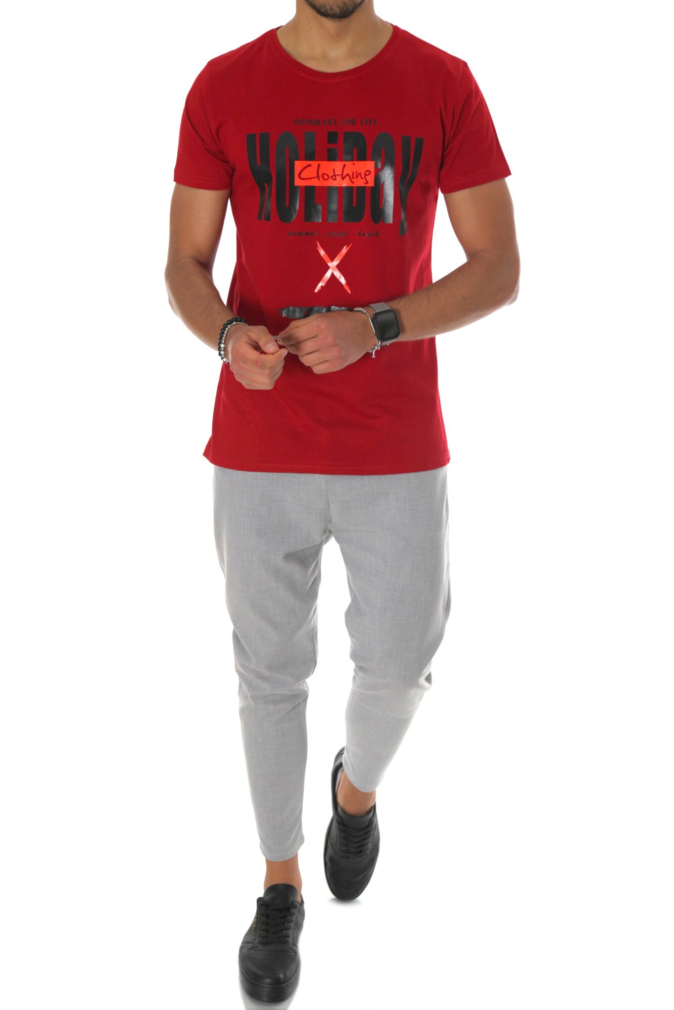 Tricou rosu, A9821, slim fit, pentru barbati, cu imprimeu, Rosu