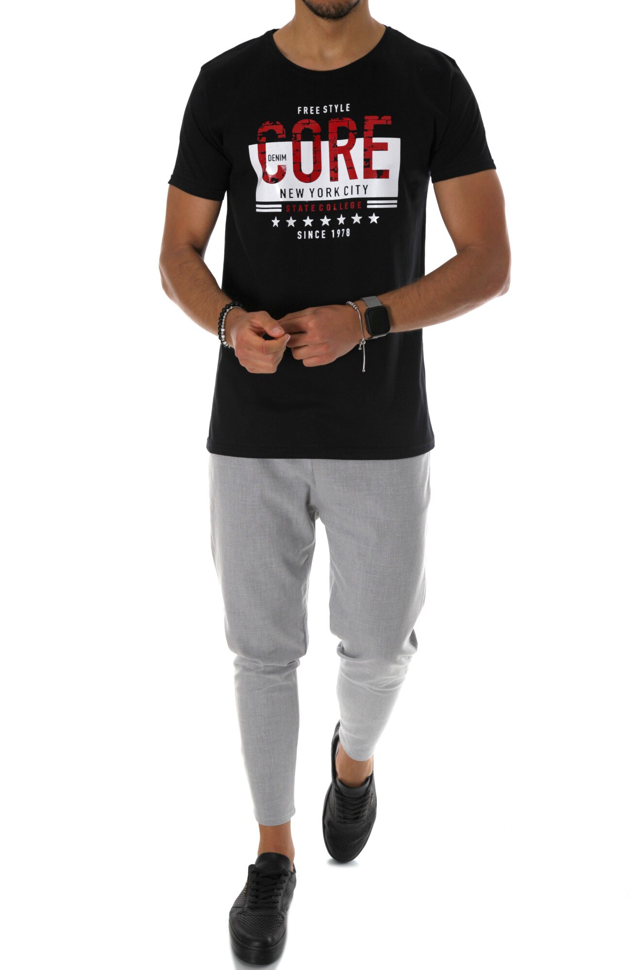 Tricou negru, A9823, slim fit, pentru barbati, cu imprimeu, Negru