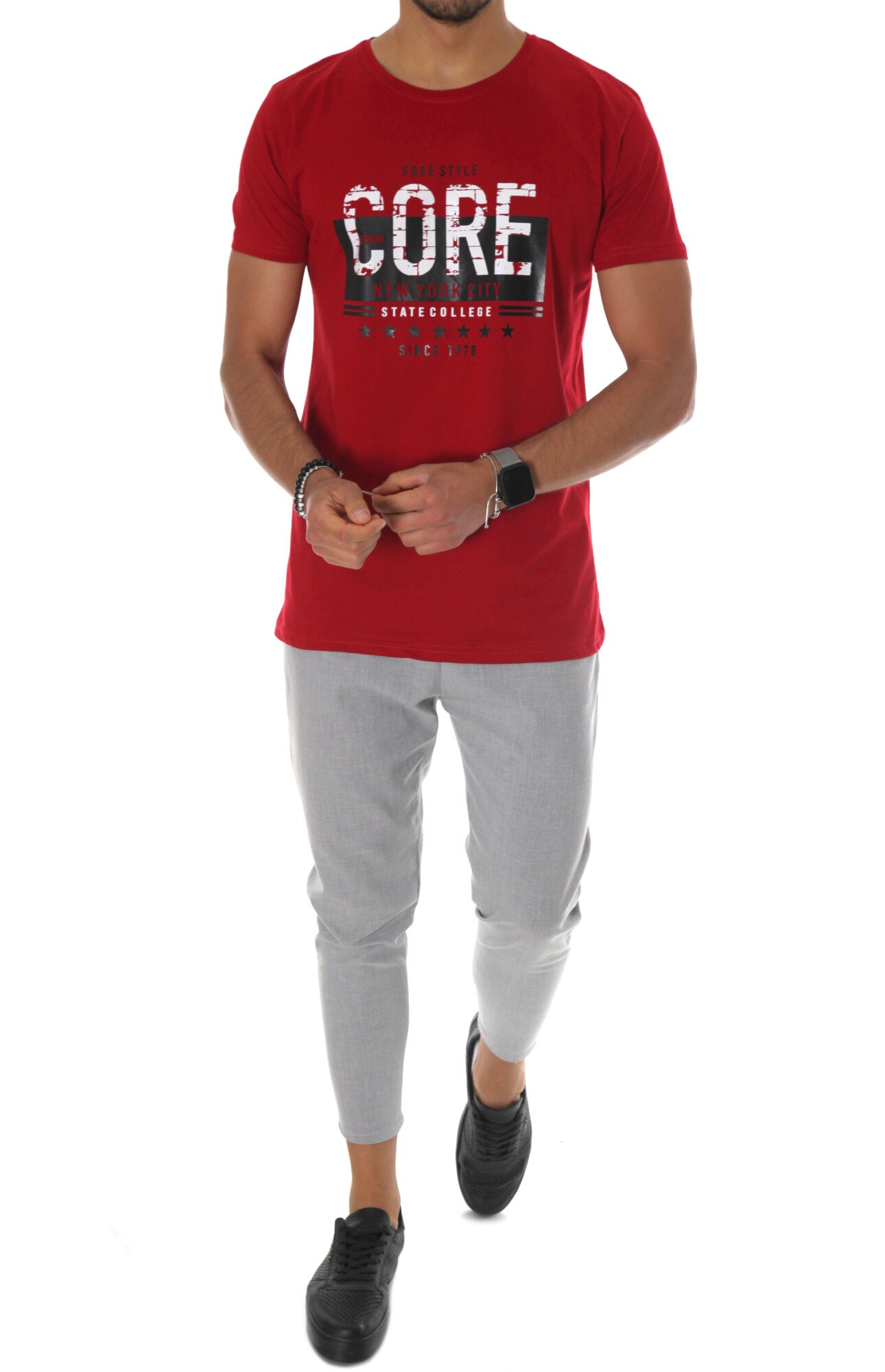 Tricou rosu, A9825, slim fit, pentru barbati, cu imprimeu, Rosu