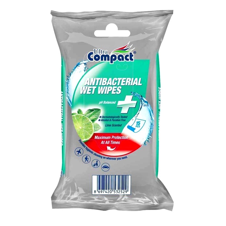 Servetele Antibacteriene umede pentru maini, 15 buc/set, Lime, Dezinfectante, Ultra Compact, fara Alcool sau Parabent