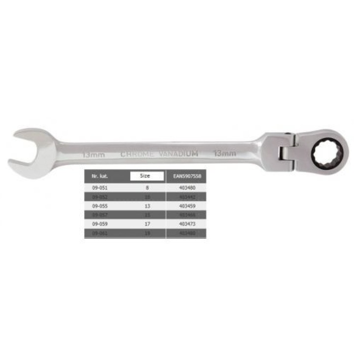 Nyitott Végű Csavarkulcs Csuklóval és Racsnival 17 x 230 mm (09-059)