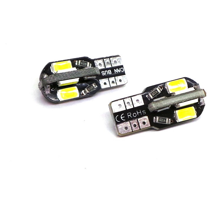 Gépjármű LED izzó, motoLEDy, T10/W5W, 12V, 320lm, 5000K Tiszta fehér, 8 SMD 5630 LED, 240° fényszög, CANBUS kompatibilis, alacsony fogyasztás, ütésálló, azonnali indítás, 50 000 óra élettartam, túlfeszültség védelemmel, poláris, 10 darabos készlet