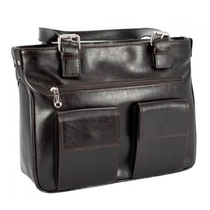 Дамска чанта Magazinul De Genti, с апликирани джобове, естествена кожа, модел 015, тъмнокафяв