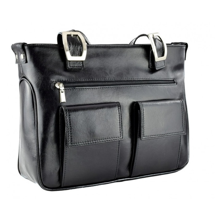 Geanta de dama cu buzunare aplicate, din piele naturala neagra, model 015, MAGAZINUL DE GENTI