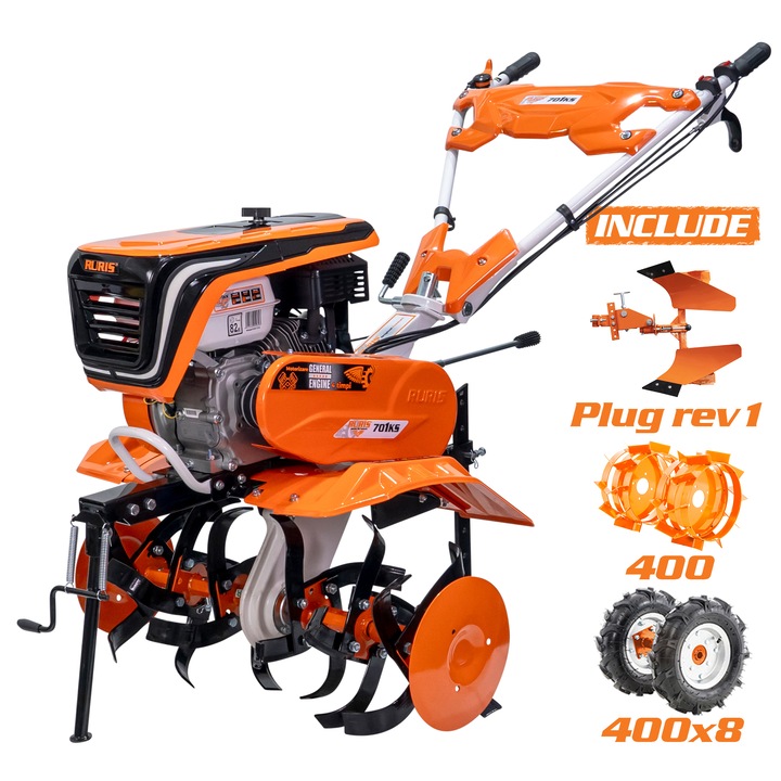 Motocultor pe benzina Ruris 701KS, 7 CP, 208 CC, 4 timpi, 2+1 viteze, 83 cm latime lucru, 29 cm adancime lucru, contine: roti cauciuc + plug reversibil mic + roti metalice fara manicot