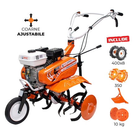 Motosapa pe benzina Ruris DAC 7000ACC1, putere 7 CP, 208 CC, 4 timpi, 2+1 viteze, 29 cm adancime lucru, 83 cm latime lucru, contine: roti cauciuc + roti metal fara manicot + rarita ajustabila+set contragreutati 10 kg