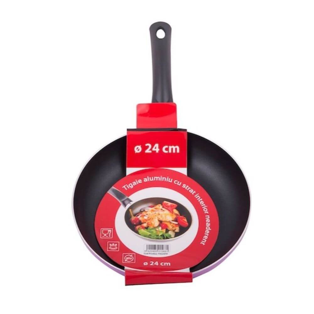 Tigaie Aluminiu, Diametru 24 cm, Invelis Neaderent si Strat Neaderent, Maner din Bachelita, Culoare Mov