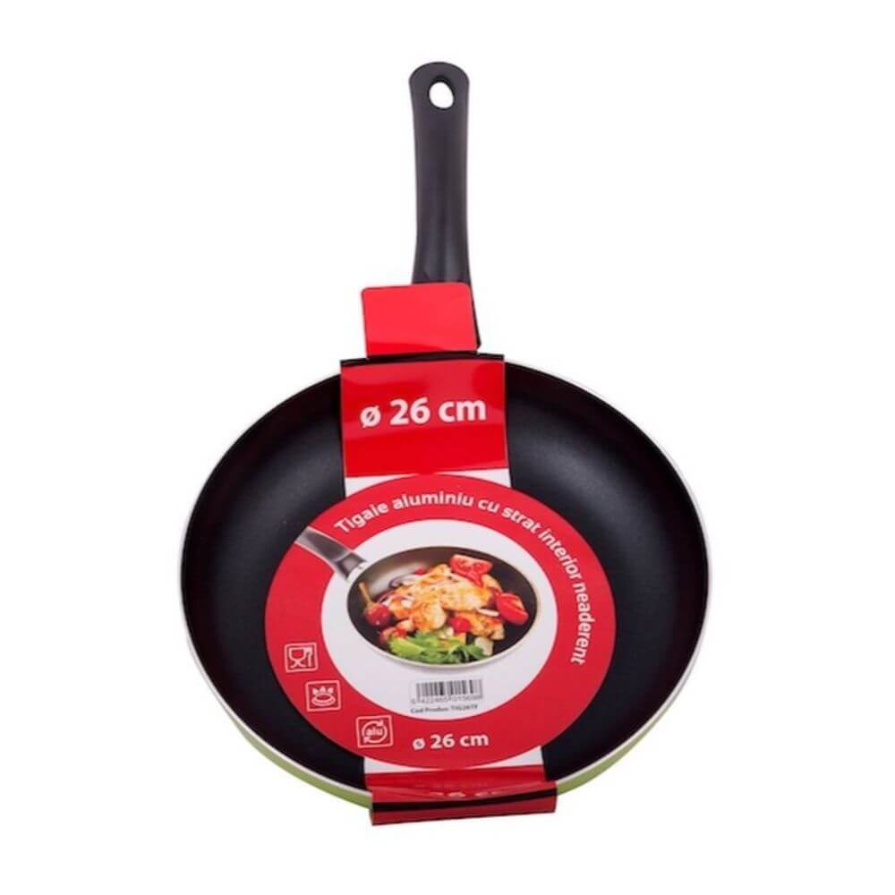 Tigaie Aluminiu, Diametru 26 cm, Invelis Neaderent si Strat Neaderent, Maner din Bachelita, Culoare Verde