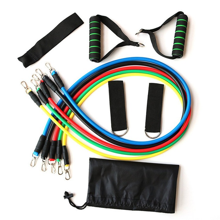 Set 11 piese antrenament fitness, Benzi elastice + carabiniere, Latex + Otel, Multicolor