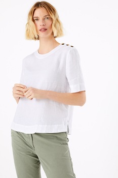 Marks & Spencer, Bluza de in cu maneca scurta si nasturi decorativi, Alb, 50 Marks & Spencer, Bluza de in cu maneca scurta si nasturi decorativi, Alb, 50