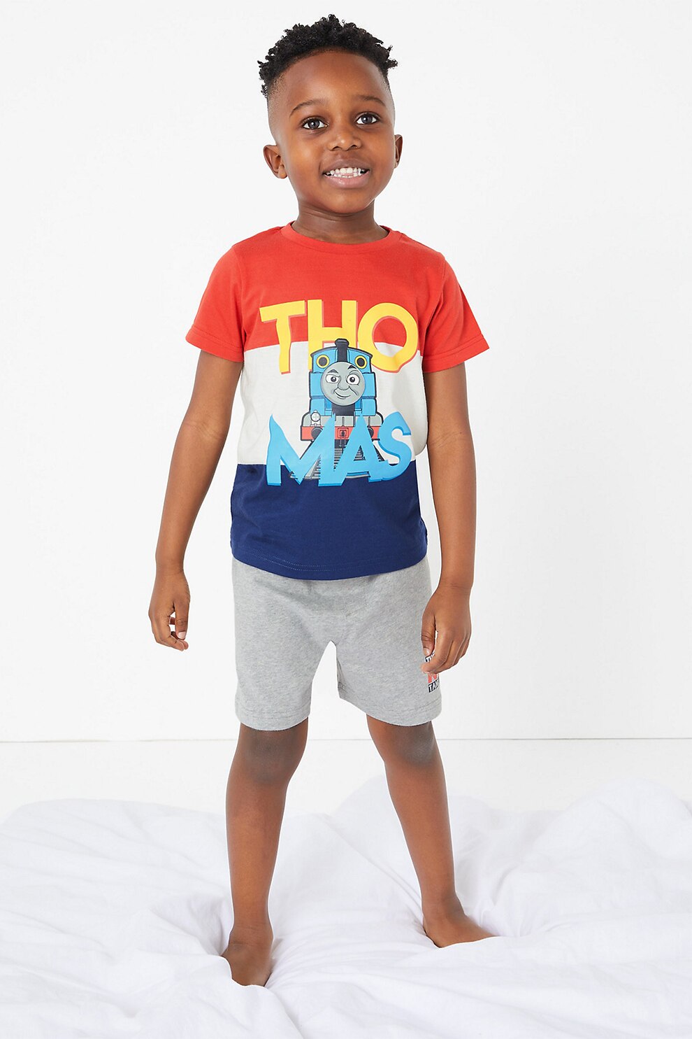 Marks & Spencer, Pijama cu pantaloni scurti si model cu desene animate, Rosu/Alb/Gri melange