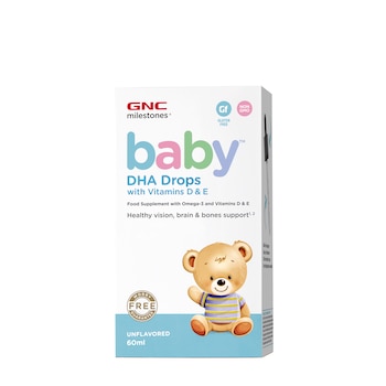 GNC Milestones® Baby™ DHA Drops with Vitamins D & E, Picaturi cu DHA + Vitamina D si E pentru bebelusi, 60 ml GNC Milestones® Baby™ DHA Drops with Vitamins D & E, Picaturi cu DHA + Vitamina D si E pentru bebelusi, 60 ml