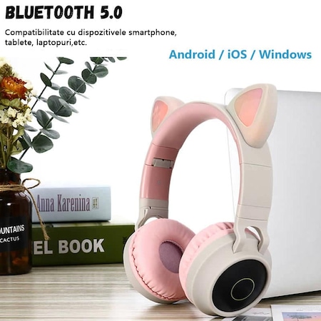 Casti wireless pliabile, Urechi de pisica, Microfon incorporat, Bluetooth 5.0, Stereo, Handsfree, HiFi, Bass, LED, TF, AUX, MP3 Player, Roz