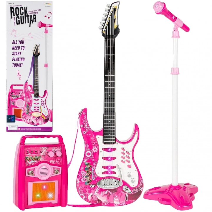 Creativ My Rock Guitar Elektromos gitár, Valósághű fényekkel és hangokkal, Állítható mikrofon és erősítő, MP3 funkcióval, Garantált szórakozás, Rózsaszín