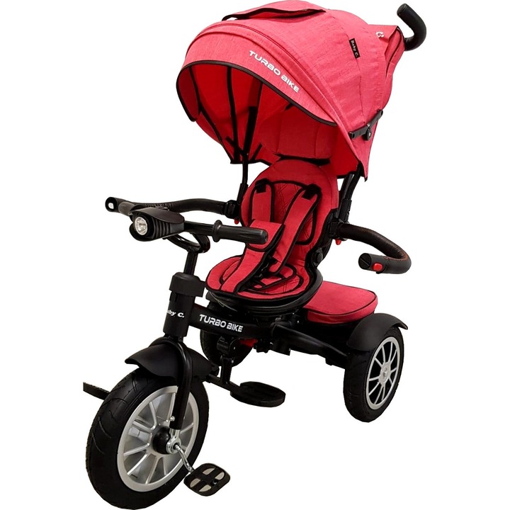 Tricicleta cu copertina Baby Care™ Turbo Bike, Cu far luminos, Roti din cauciuc, Pozitie somn, Pedale si maner pentru parinti, Scaun reversibil cu invartire 360 grade, Cadru metalic, Dimensiuni 110X45X90 cm, Rosu Corai