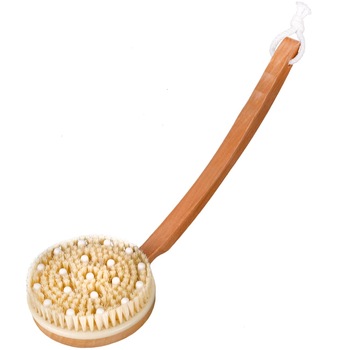 Perie de baie cu maner curbat de lemn, DecorCasa, 10 x 37 cm Perie de baie cu maner curbat de lemn, DecorCasa, 10 x 37 cm