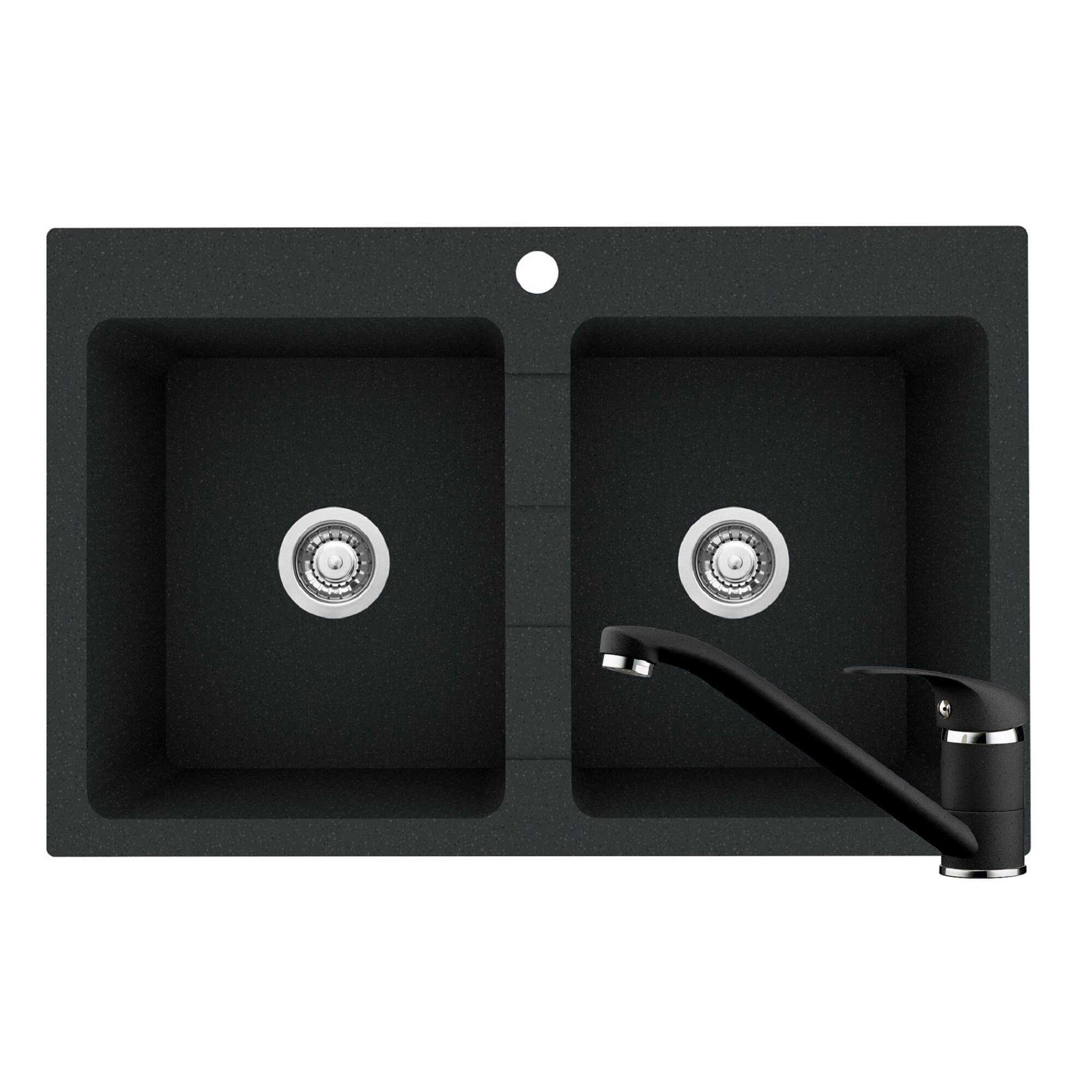 Pachet 2in1 chiuveta granit Pyramis Sparta + Baterie, 780x500mm, adancime 190mm, montare pe blat, cuve egale, Negru