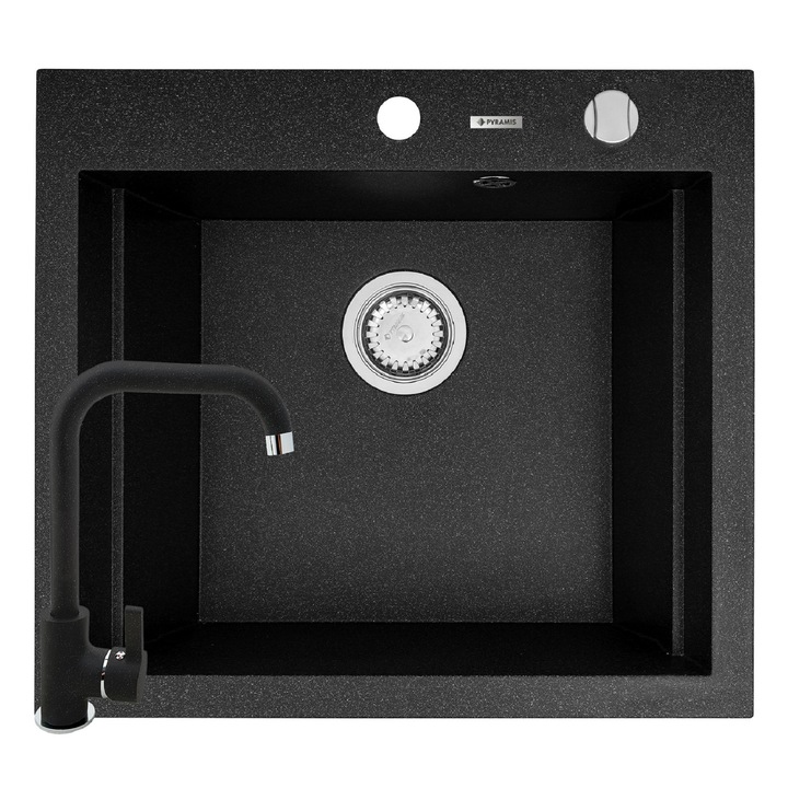 Pachet 2in1 chiuveta granit Pyramis Siros + Baterie inalta semidreapta, 570x515mm, adancime 200mm, 3 variante de montare, cuva in 2 trepte, Negru