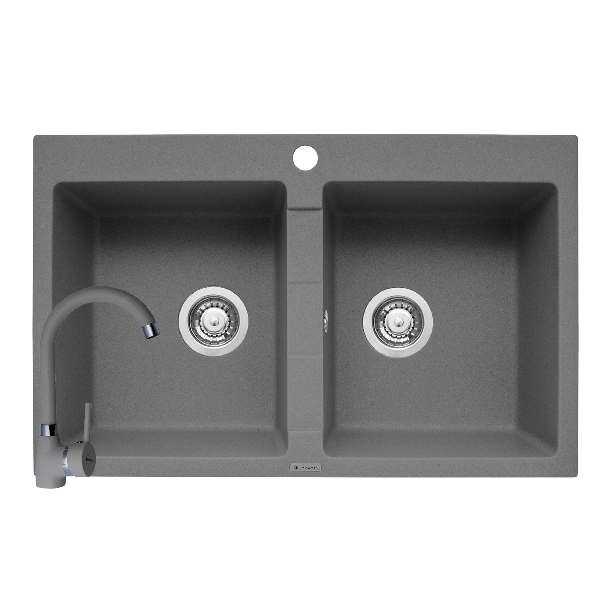 Pachet 2in1 chiuveta granit Pyramis Sparta + Baterie inalta, 780x500mm, adancime 190mm, montare pe blat, cuve egale, Gri