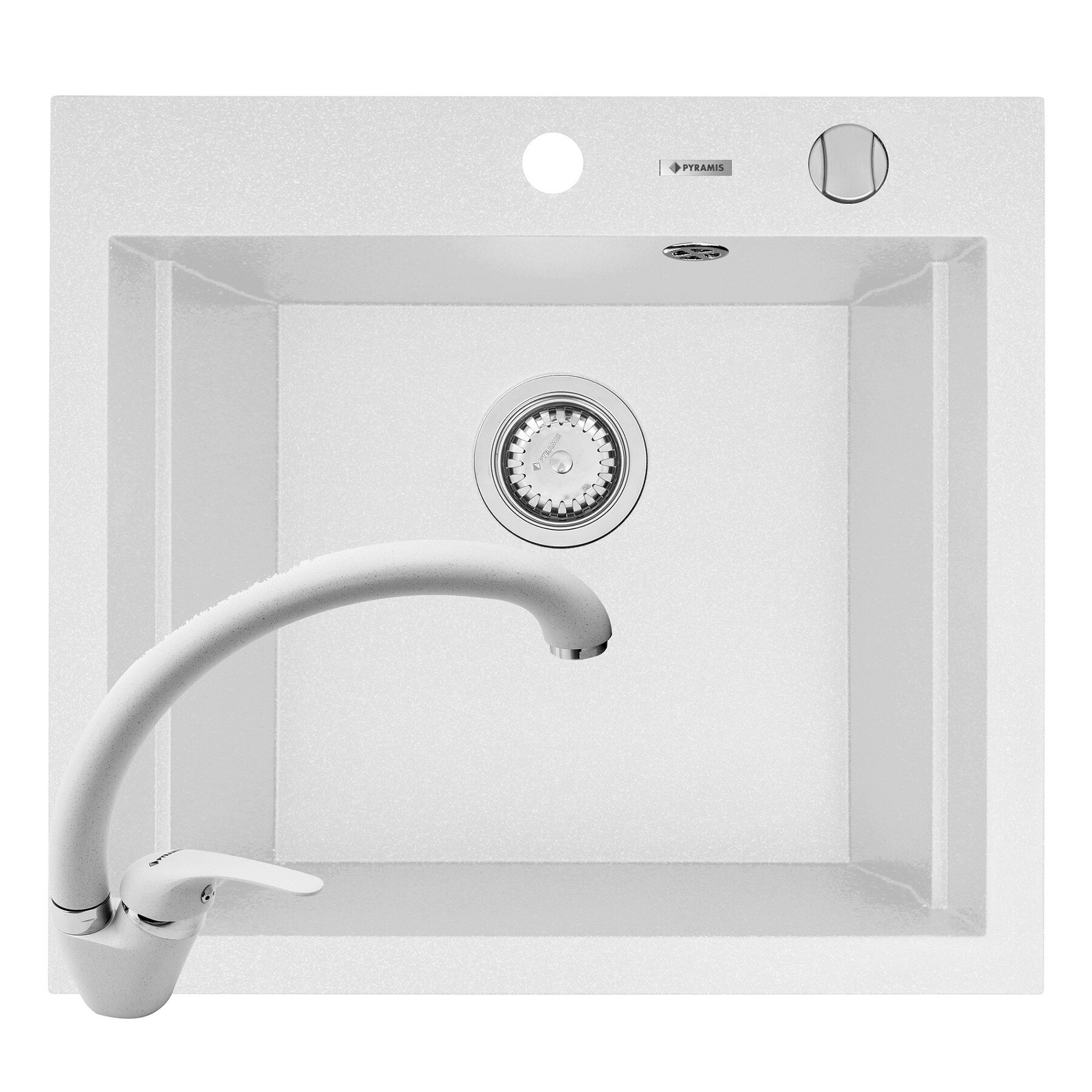 Pachet 2in1 chiuveta granit Pyramis Siros + Baterie, 570x515mm, adancime 200mm, 3 variante de montare, cuva in 2 trepte, pipa inalta, Alb