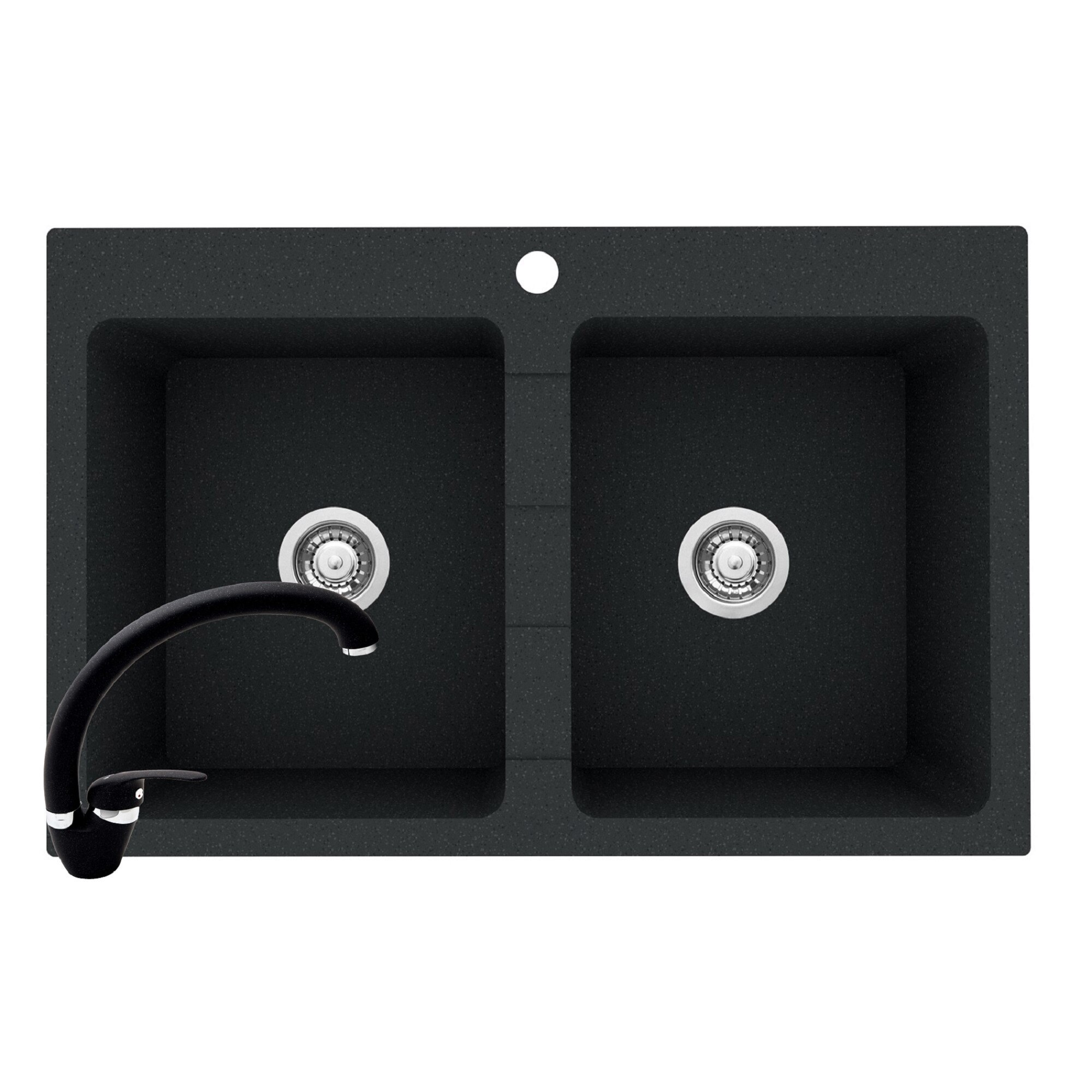 Pachet 2in1 chiuveta granit Pyramis Sparta + Baterie, 780x500mm, adancime 190mm, montare pe blat, cuve egale, pipa inalta, Negru