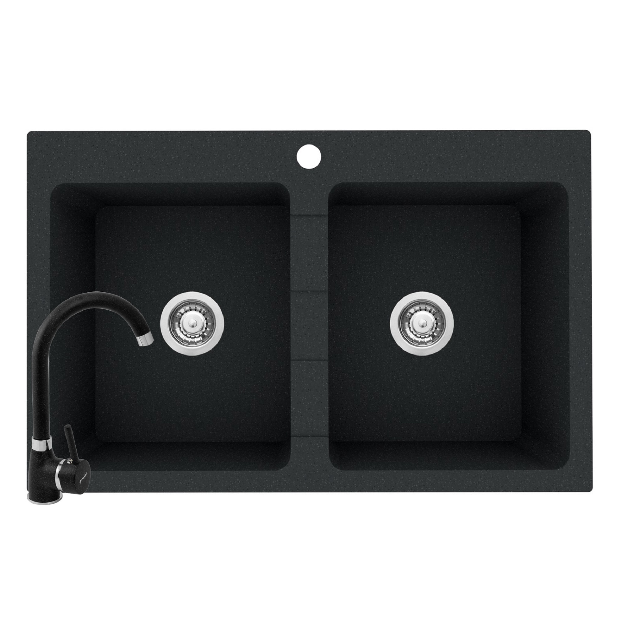 Pachet 2in1 chiuveta granit Pyramis Sparta + Baterie inalta, 780x500mm, adancime 190mm, montare pe blat, cuve egale, Negru
