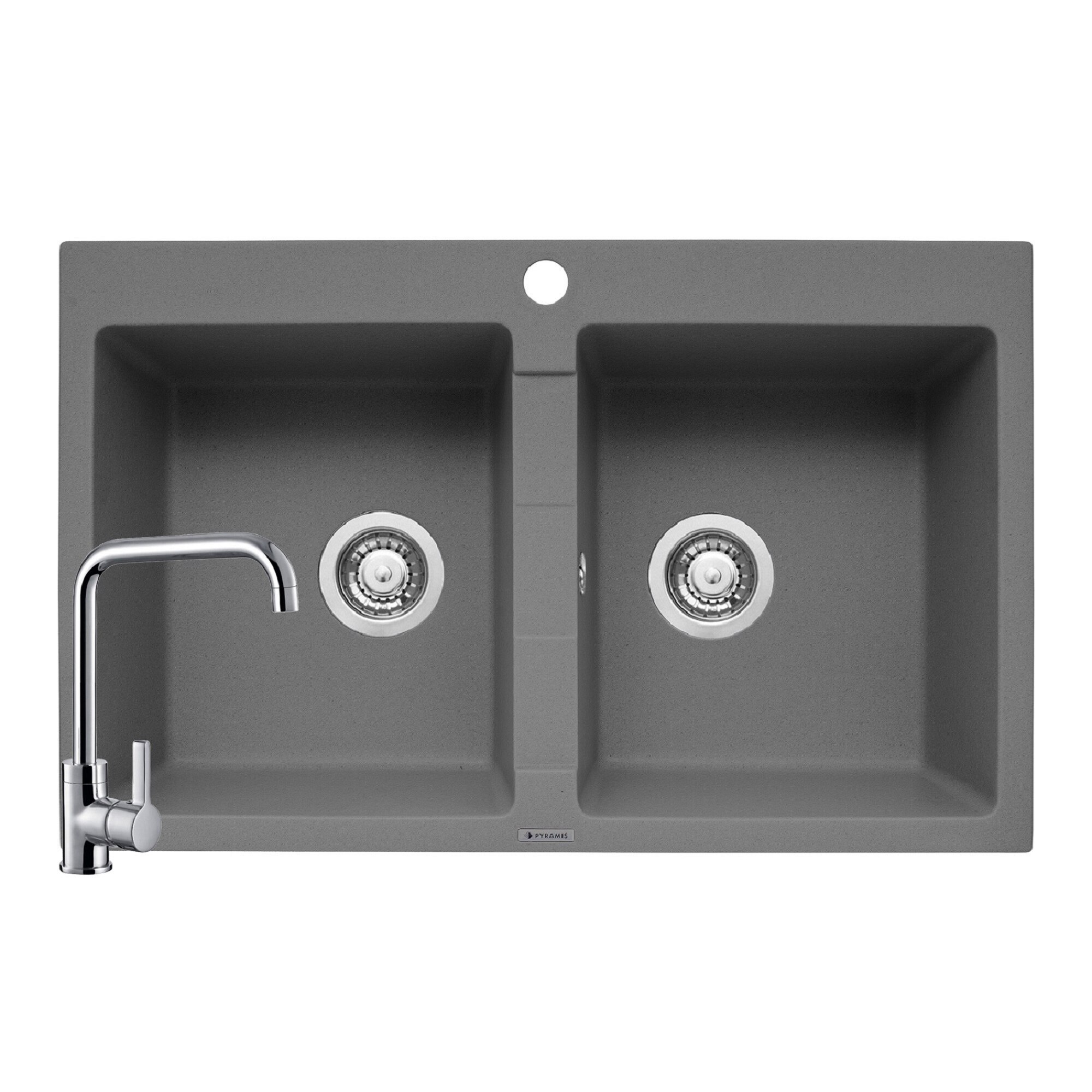 Pachet 2in1 chiuveta granit Pyramis Sparta + Baterie inalta semidreapta, 780x500mm, adancime 190mm, montare pe blat, cuve egale, Gri si Crom