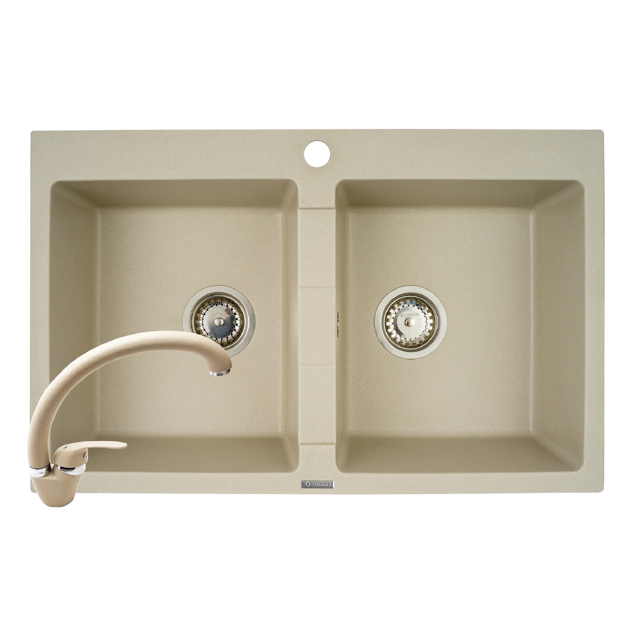 Pachet 2in1 chiuveta granit Pyramis Sparta + Baterie, 780x500mm, adancime 190mm, montare pe blat, cuve egale, pipa inalta, Bej