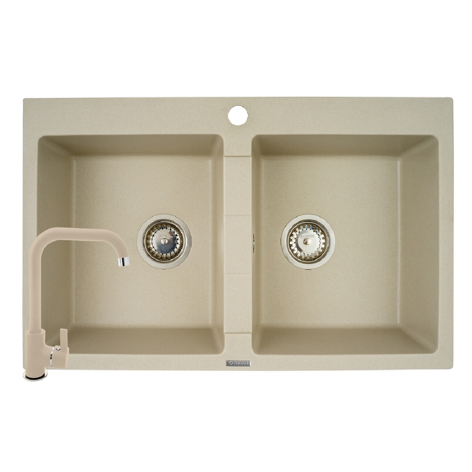 Pachet 2in1 chiuveta granit Pyramis Sparta + Baterie inalta semidreapta, 780x500mm, adancime 190mm, montare pe blat, cuve egale, Bej