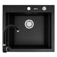 Pachet 2in1 chiuveta granit Pyramis Siros + Baterie inalta, 570x515mm, adancime 200mm, 3 variante de montare, cuva in 2 trepte, Negru