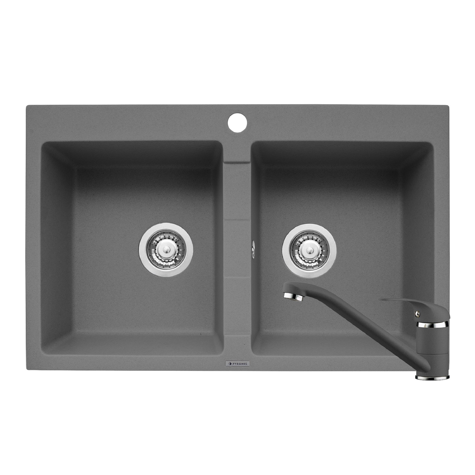 Pachet 2in1 chiuveta granit Pyramis Sparta + Baterie, 780x500mm, adancime 190mm, montare pe blat, cuve egale, Gri