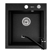 Pachet 2in1 chiuveta granit Pyramis Siros + Baterie, 470x515mm, adancime 200mm, 3 variante de montare, cuva in 2 trepte, Negru