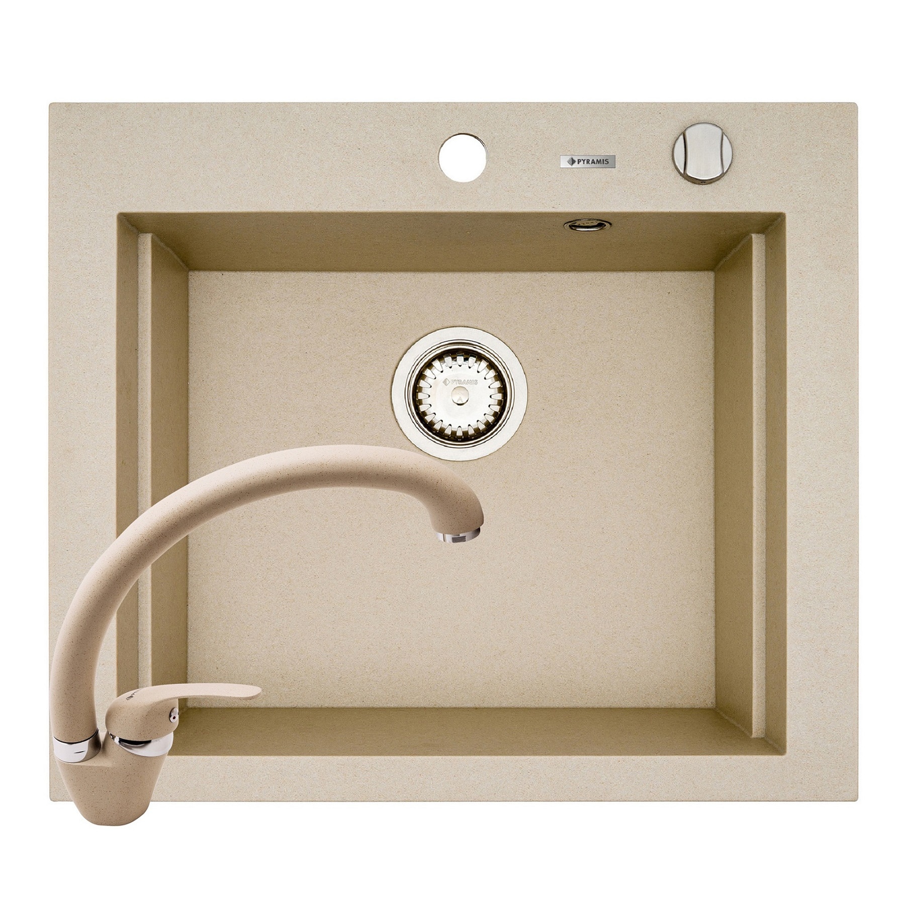 Pachet 2in1 chiuveta granit Pyramis Siros + Baterie, 570x515mm, adancime 200mm, 3 variante de montare, cuva in 2 trepte, pipa inalta, Bej