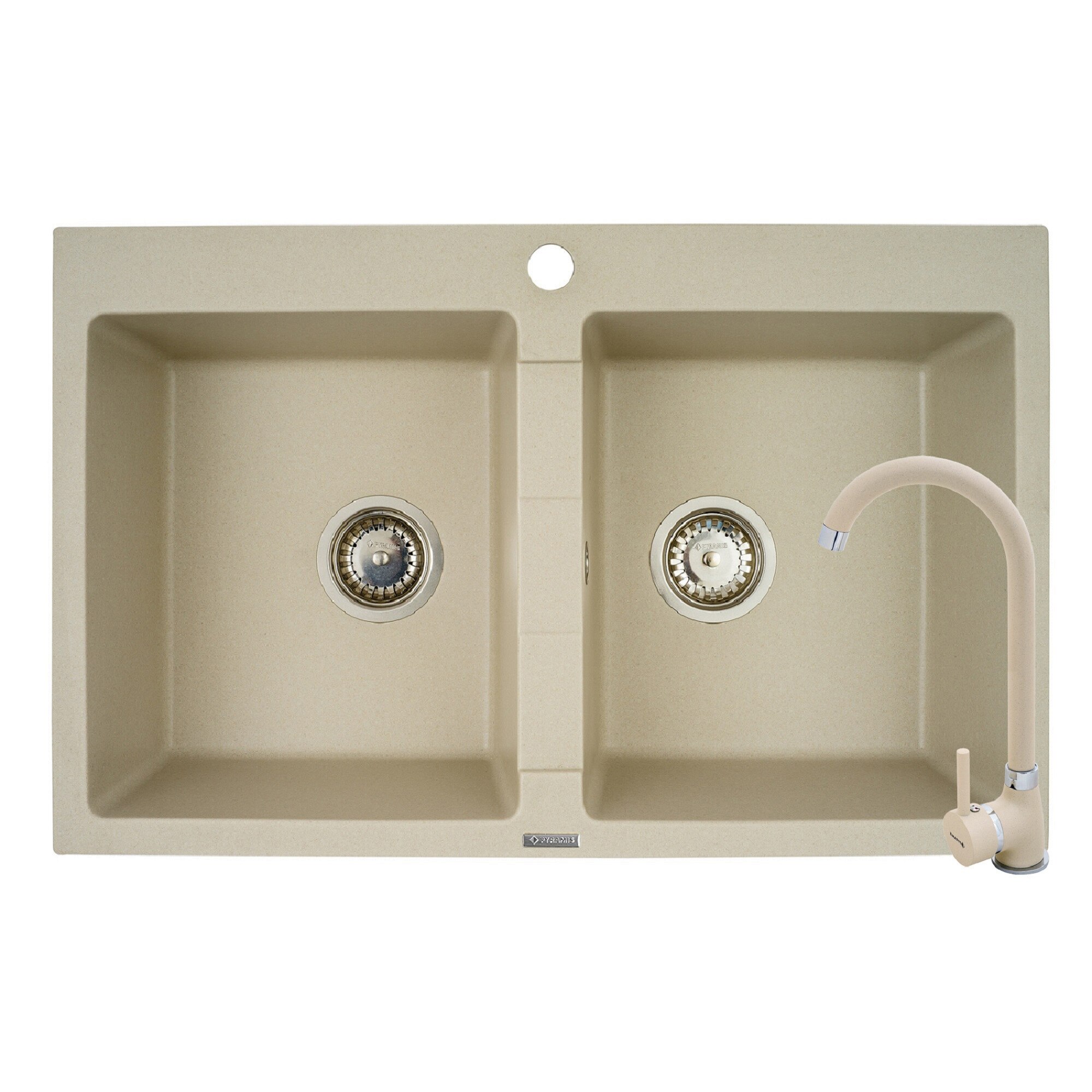 Pachet 2in1 chiuveta granit Pyramis Sparta + Baterie inalta XL, 780x500mm, adancime 190mm, montare pe blat, cuve egale, Bej