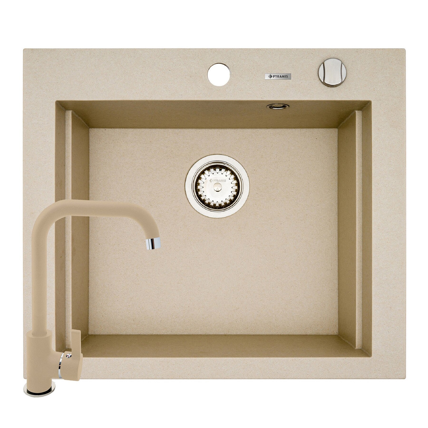 Pachet 2in1 chiuveta granit Pyramis Siros + Baterie inalta semidreapta, 570x515mm, adancime 200mm, 3 variante de montare, cuva in 2 trepte, Bej