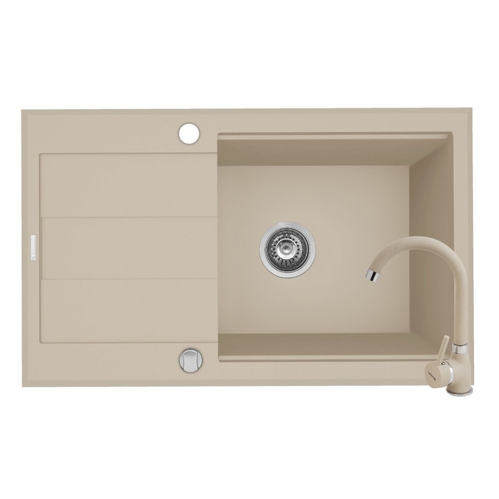 Pachet 2in1 chiuveta granit Pyramis Sparta Lux Plus + Baterie inalta, 780x480mm, adancime 180mm, montare pe blat, cuva reversibila, Bej