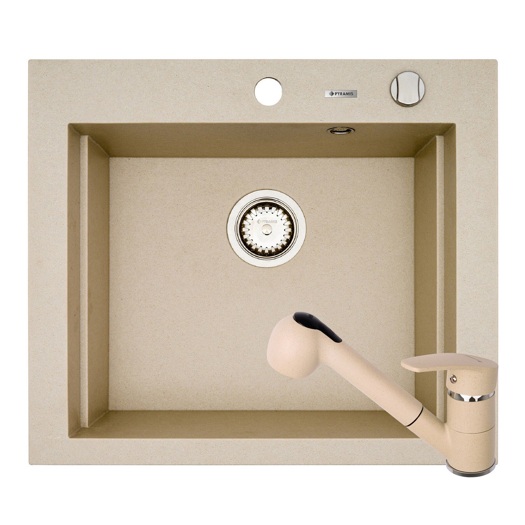 Pachet 2in1 chiuveta granit Pyramis Siros + Baterie cu dus, 570x515mm, adancime 200mm, 3 variante de montare, cuva in 2 trepte, Bej