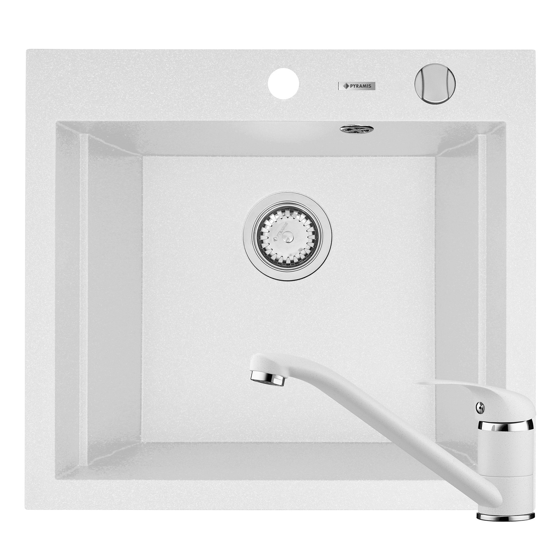 Pachet 2in1 chiuveta granit Pyramis Siros + Baterie, 570x515mm, adancime 200mm, 3 variante de montare, cuva in 2 trepte, Alb