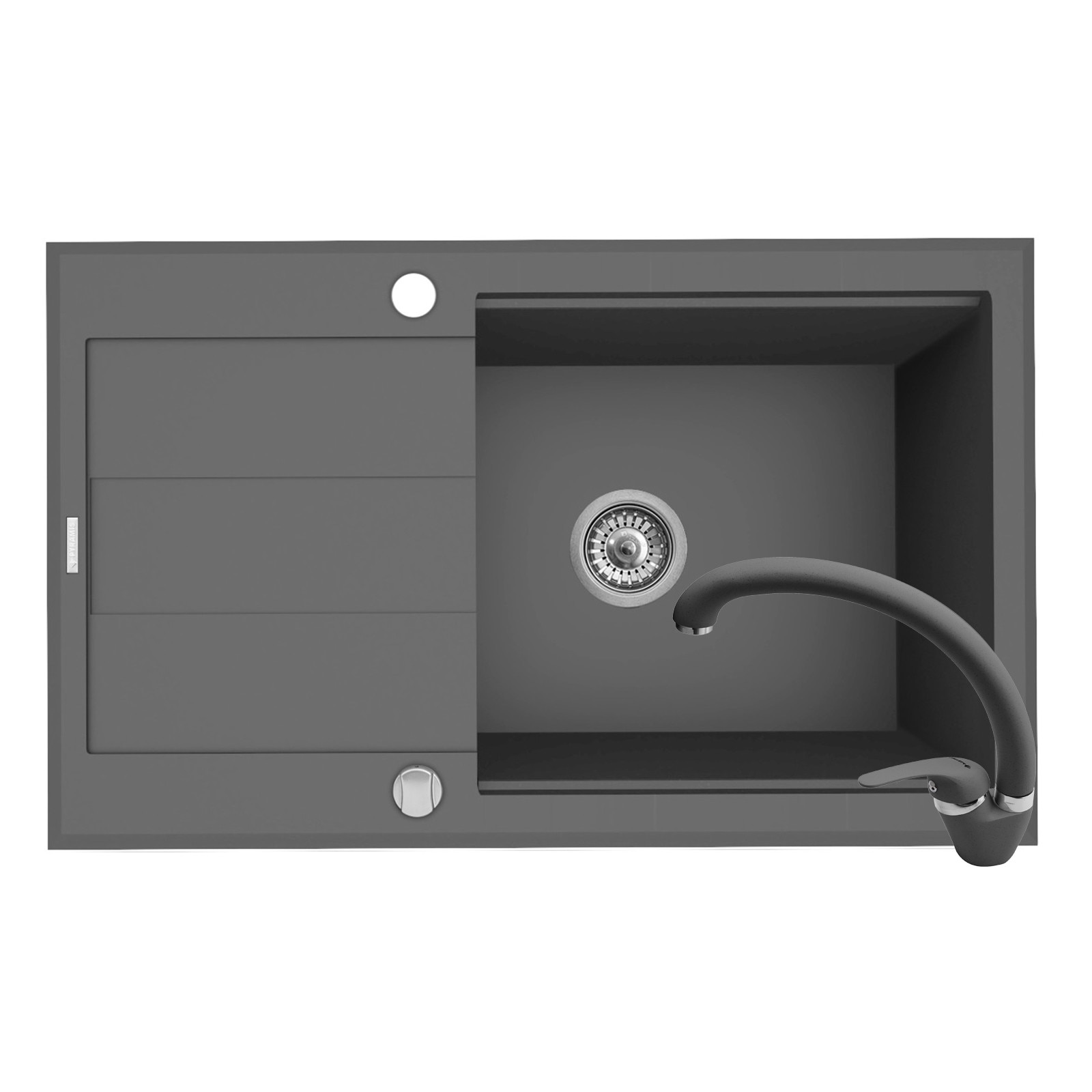 Pachet 2in1 chiuveta granit Pyramis Sparta Lux Plus + Baterie, 780x480mm, adancime 180mm, montare pe blat, cuva reversibila, pipa inalta, Gri
