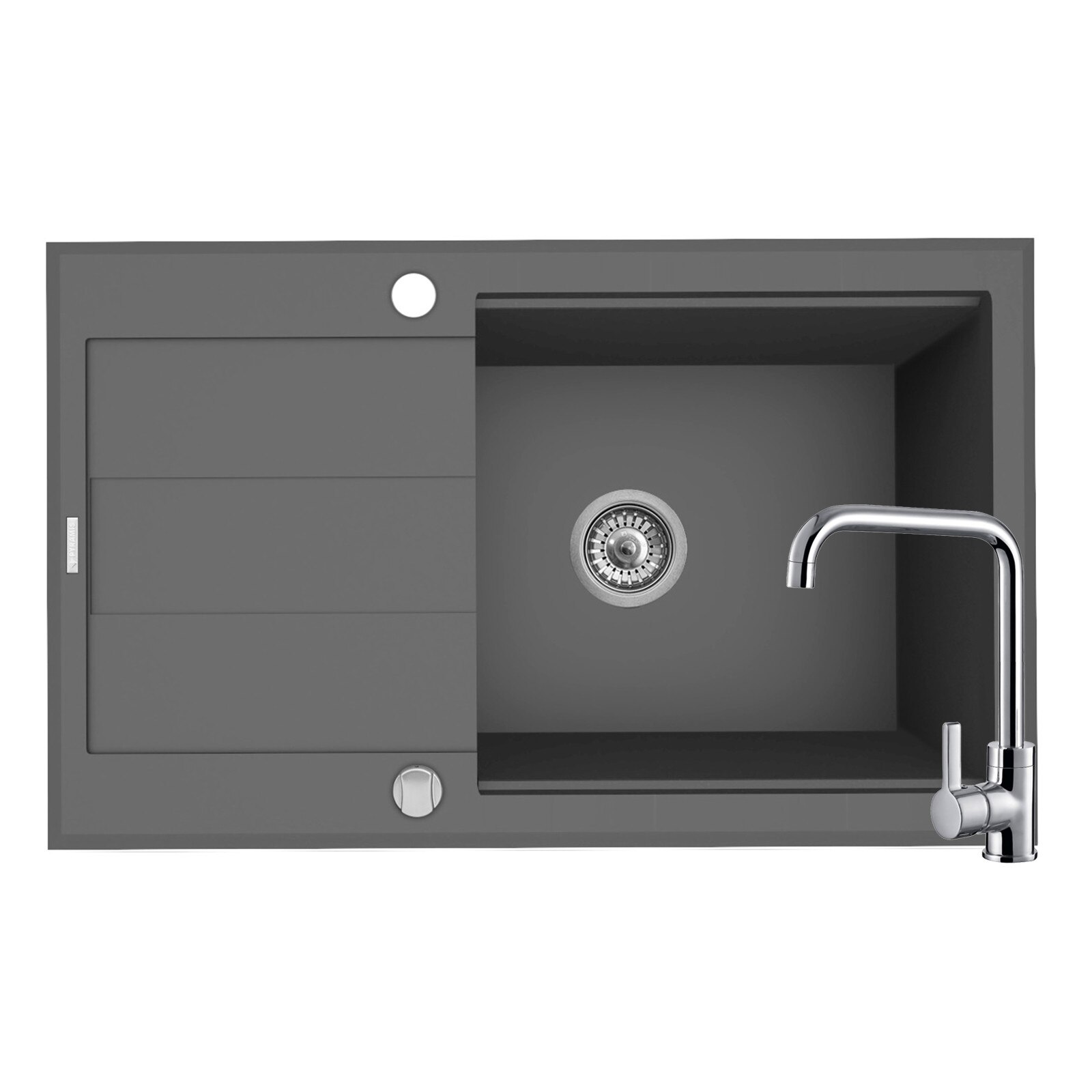 Pachet 2in1 chiuveta granit Pyramis Sparta Lux Plus + Baterie inalta semidreapta, 780x480mm, adancime 180mm, montare pe blat, cuva reversibila, Gri si Crom