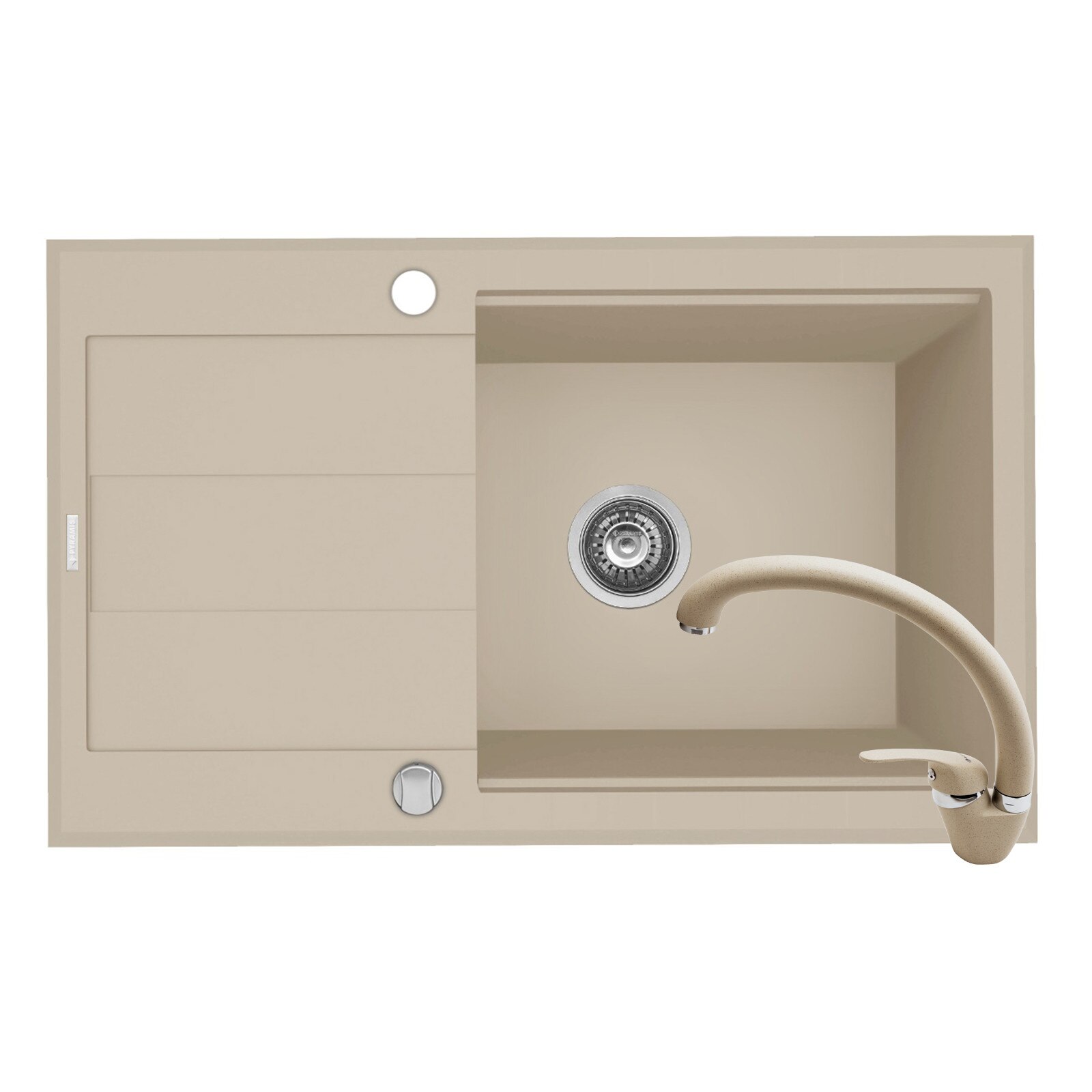 Pachet 2in1 chiuveta granit Pyramis Sparta Lux Plus + Baterie, 780x480mm, adancime 180mm, montare pe blat, cuva reversibila, pipa inalta, Bej