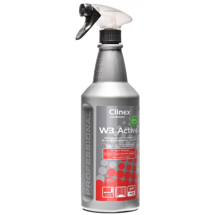 Clinex W3 Active Bio, 1 literes, permetezővel, folyékony WC és fürdőszoba tisztítószer