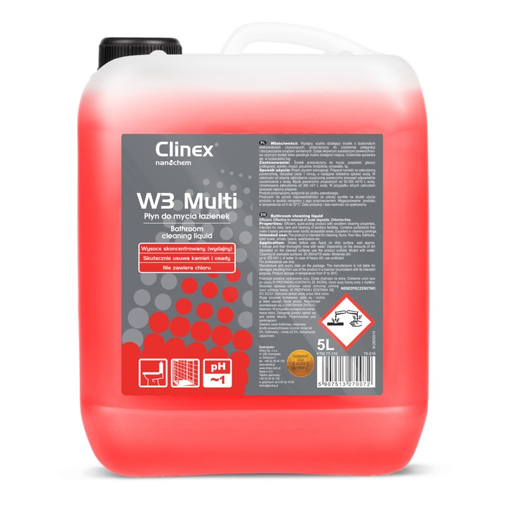 Clinex W3 Multi, 5 Litri, Detergent Lichid, Concentrat, Pentru Curatarea Toaletelor Si A Bailor