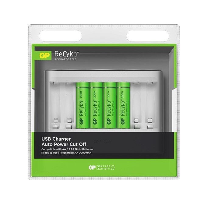 Set incarcator GP ReCyKo+ 8 canale AA sau AAA, 4 acumulatori AA GP 2100mAh inclusi, cablu microUSB