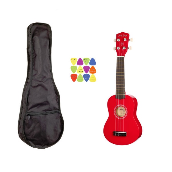 Harley Benton UK12 ukulele, szoprán, 52 cm, tok, 12 pengető, piros