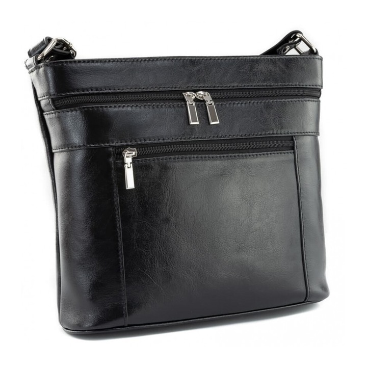 Geanta de umar cu fermoare, din piele naturala neagra, model 262, MAGAZINUL DE GENTI