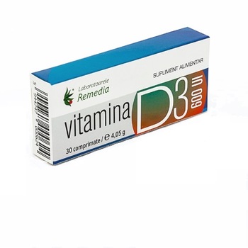 Supliment alimentar, Remedia, Vitamina D3 600UI, 30 comprimate Supliment alimentar, Remedia, Vitamina D3 600UI, 30 comprimate